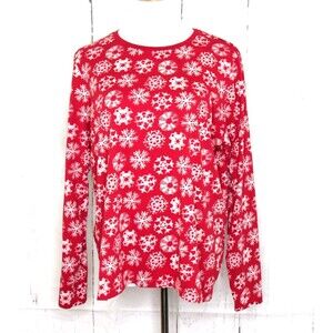 Lands' End Women's Size XL Long Sleeve Top Cotton Red White Snowflake Print